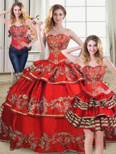 High Class Red Sweetheart Lace Up Embroidery and Ruffled Layers Quinceanera Gown Sleeveless