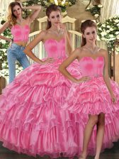 Attractive Sweetheart Sleeveless Quinceanera Gown Floor Length Ruffled Layers and Pick Ups Rose Pink Organza