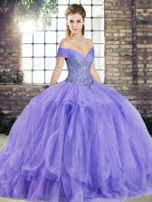  Lavender Ball Gowns Tulle Off The Shoulder Sleeveless Beading and Ruffles Floor Length Lace Up 15th Birthday Dress