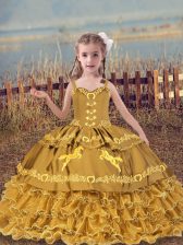  Floor Length Ball Gowns Sleeveless Gold Child Pageant Dress Lace Up