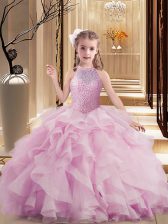 On Sale High-neck Sleeveless Tulle Kids Formal Wear Beading and Ruffles Lace Up