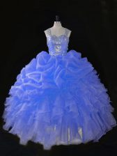 Traditional Blue Organza Zipper Straps Sleeveless Floor Length Quinceanera Dresses Beading and Ruffles