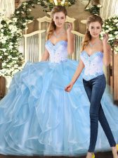 Nice Blue Lace Up Quinceanera Gowns Beading and Ruffles Sleeveless Floor Length