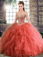 Comfortable Coral Red Sweetheart Neckline Beading and Ruffles 15 Quinceanera Dress Sleeveless Lace Up