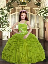 Perfect Olive Green Lace Up Straps Beading and Ruffles Kids Pageant Dress Tulle Sleeveless