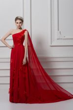  Red Chiffon and Tulle Lace Up Dress for Prom Sleeveless Watteau Train Ruching and Hand Made Flower