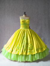Delicate Yellow Lace Up Sweetheart Embroidery 15th Birthday Dress Satin and Organza Sleeveless