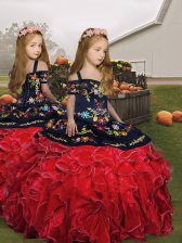  Red Sleeveless Floor Length Embroidery and Ruffles Lace Up Little Girls Pageant Dress