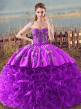 Luxurious Eggplant Purple and Purple 15th Birthday Dress Sweet 16 and Quinceanera with Embroidery and Ruffles Sweetheart Sleeveless Brush Train Lace Up