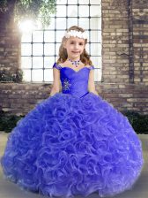Sweet Purple Lace Up Straps Beading and Ruching Pageant Gowns For Girls Fabric With Rolling Flowers Sleeveless