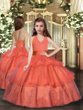  Ball Gowns Pageant Gowns For Girls Orange Red Halter Top Organza Sleeveless Floor Length Lace Up
