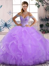 Custom Design Floor Length Lace Up 15 Quinceanera Dress Lavender for Sweet 16 and Quinceanera with Beading and Ruffles
