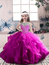 Beautiful Floor Length Lace Up Little Girl Pageant Gowns Fuchsia for Party and Wedding Party with Beading and Ruffles