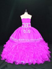 Trendy Organza Strapless Sleeveless Lace Up Embroidery and Ruffles Quinceanera Dress in Fuchsia