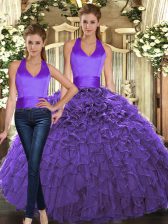 Beauteous Purple Lace Up Halter Top Ruffles 15 Quinceanera Dress Organza Sleeveless
