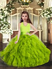 Charming Sleeveless Tulle Floor Length Lace Up Kids Pageant Dress in Green with Ruffles