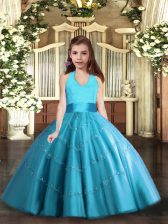 Latest Baby Blue Halter Top Lace Up Beading Little Girls Pageant Gowns Sleeveless