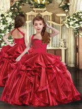  Red Lace Up Little Girl Pageant Gowns Ruffles Sleeveless Floor Length