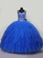 Custom Fit Ball Gowns Quince Ball Gowns Blue Straps Tulle Sleeveless Floor Length Lace Up