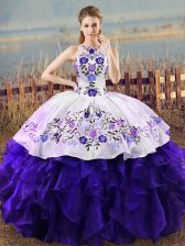 Elegant White And Purple Lace Up Halter Top Embroidery and Ruffles Sweet 16 Dresses Organza Sleeveless
