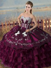  Purple Ball Gowns Sweetheart Sleeveless Satin and Organza Floor Length Lace Up Embroidery and Ruffles 15 Quinceanera Dress