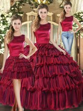 Chic Floor Length Three Pieces Sleeveless Wine Red Quinceanera Dresses Lace Up