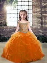  Sleeveless Tulle Floor Length Lace Up Pageant Dress Womens in Orange with Beading