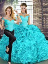  Aqua Blue Sweet 16 Quinceanera Dress Military Ball and Sweet 16 and Quinceanera with Beading and Ruffles Off The Shoulder Sleeveless Lace Up