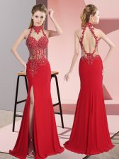 Charming Red Halter Top Neckline Lace and Appliques Prom Party Dress Sleeveless Backless