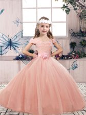  Peach Tulle Lace Up Off The Shoulder Sleeveless Floor Length Little Girl Pageant Dress Lace and Belt