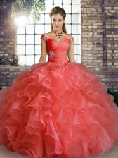 Delicate Watermelon Red Sleeveless Beading and Ruffles Floor Length Quinceanera Gowns