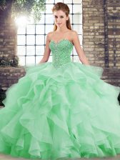  Green Tulle Lace Up Sweetheart Sleeveless Quinceanera Gowns Brush Train Beading and Ruffles
