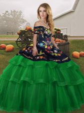 Ideal Lace Up Quince Ball Gowns Green for Military Ball and Sweet 16 and Quinceanera with Embroidery and Ruffled Layers Brush Train