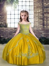  Tulle Off The Shoulder Sleeveless Lace Up Beading Kids Formal Wear in Olive Green