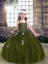  Sleeveless Tulle Floor Length Lace Up Pageant Dress for Teens in Olive Green with Appliques