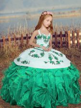 Turquoise Ball Gowns Straps Sleeveless Organza Floor Length Lace Up Embroidery and Ruffles Child Pageant Dress