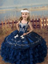 Custom Fit Navy Blue Ball Gowns Organza Straps Sleeveless Embroidery and Ruffled Layers Floor Length Lace Up Little Girl Pageant Dress