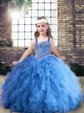  Blue Tulle Lace Up Little Girls Pageant Dress Wholesale Sleeveless Floor Length Beading and Ruffles