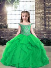 Cute Sleeveless Tulle Floor Length Lace Up Little Girl Pageant Gowns in Green with Beading