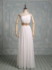  White Chiffon Side Zipper Halter Top Sleeveless Floor Length Prom Evening Gown Beading and Ruching