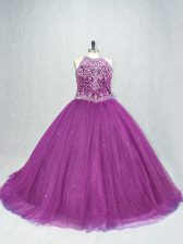  Purple Ball Gowns Scoop Sleeveless Tulle Lace Up Beading Sweet 16 Dresses