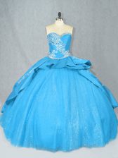 Wonderful Baby Blue Satin and Tulle Lace Up Quinceanera Gown Sleeveless Court Train Embroidery