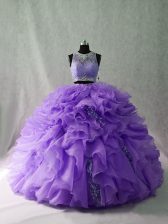 Colorful Lavender Zipper Scoop Beading and Ruffles Ball Gown Prom Dress Organza and Sequined Sleeveless Brush Train