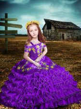 Stunning Purple Short Sleeves Embroidery and Ruffled Layers Floor Length Child Pageant Dress