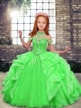  Floor Length Green Pageant Gowns For Girls Organza Sleeveless Beading