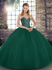 Spectacular Floor Length Lace Up Quinceanera Dress Peacock Green for Military Ball and Sweet 16 and Quinceanera with Beading
