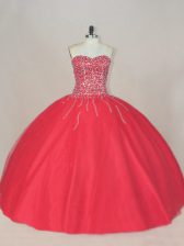  Coral Red Ball Gowns Tulle Sweetheart Sleeveless Beading Floor Length Lace Up Quince Ball Gowns