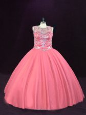  Floor Length Pink 15th Birthday Dress Tulle Sleeveless Beading