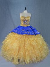 Great Gold Organza Lace Up Sweet 16 Quinceanera Dress Sleeveless Brush Train Embroidery and Ruffles
