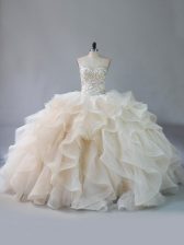  Champagne Lace Up Sweetheart Beading and Ruffles Quinceanera Gowns Organza Sleeveless Brush Train